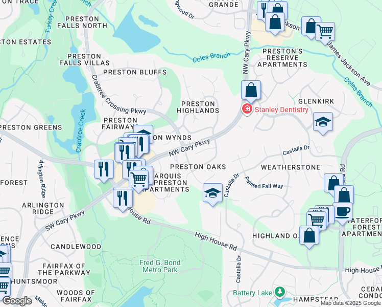 map of restaurants, bars, coffee shops, grocery stores, and more near 114 Leblanc Court in Cary