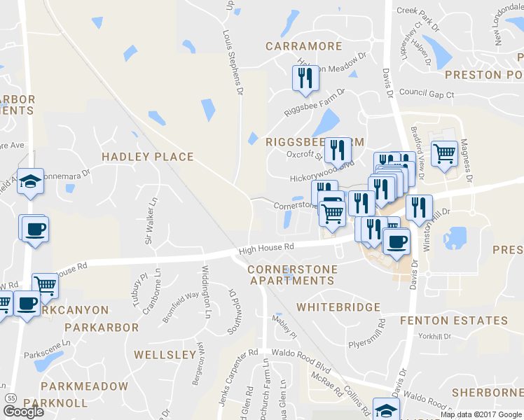 map of restaurants, bars, coffee shops, grocery stores, and more near 608 Marble House Court in Cary