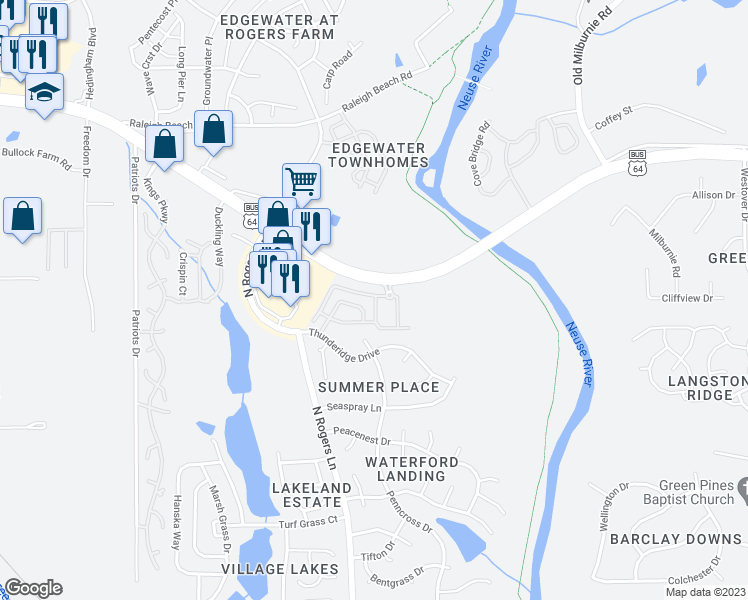 map of restaurants, bars, coffee shops, grocery stores, and more near 5404 Morning Creek Way in Raleigh