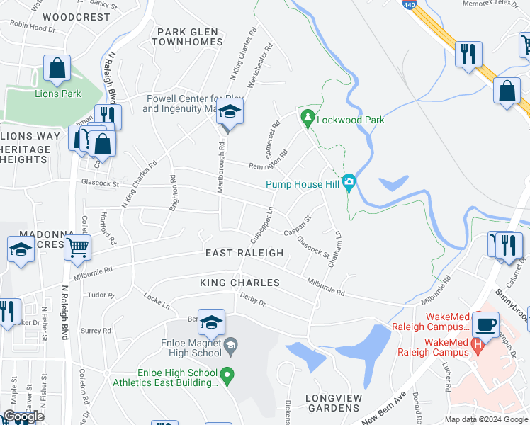 map of restaurants, bars, coffee shops, grocery stores, and more near 919 Culpepper Lane in Raleigh