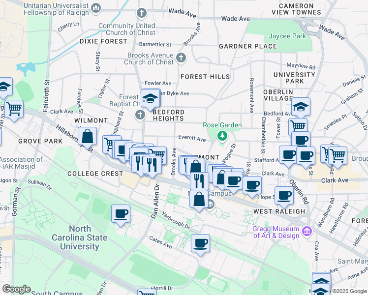 map of restaurants, bars, coffee shops, grocery stores, and more near 2720 Clark Avenue in Raleigh