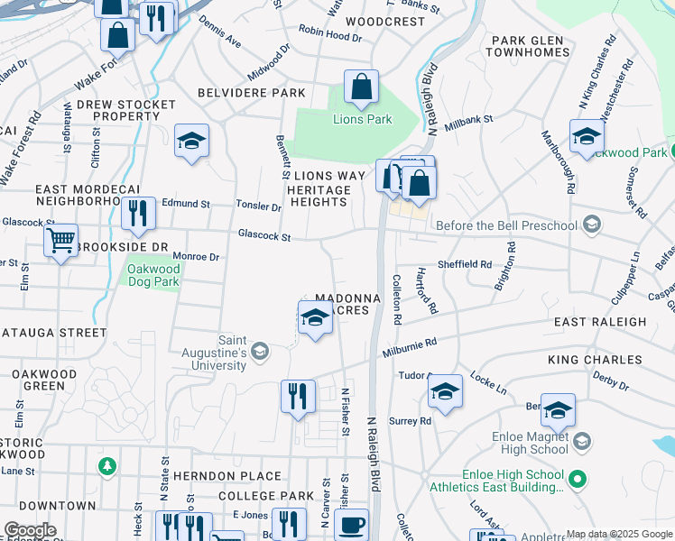 map of restaurants, bars, coffee shops, grocery stores, and more near 806 Delany Drive in Raleigh