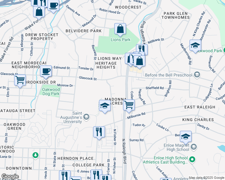 map of restaurants, bars, coffee shops, grocery stores, and more near 806 Delany Drive in Raleigh