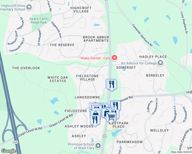 map of restaurants, bars, coffee shops, grocery stores, and more near 103 Elmview Drive in Cary