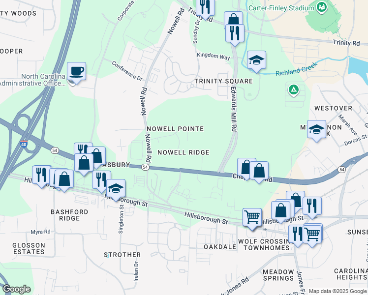 map of restaurants, bars, coffee shops, grocery stores, and more near 6332 Cedar Waters Drive in Raleigh