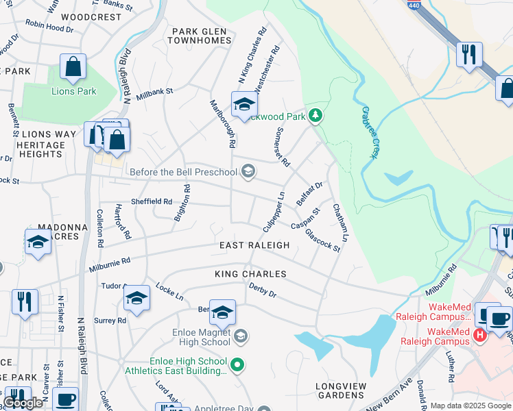 map of restaurants, bars, coffee shops, grocery stores, and more near 912 Devonport Drive in Raleigh