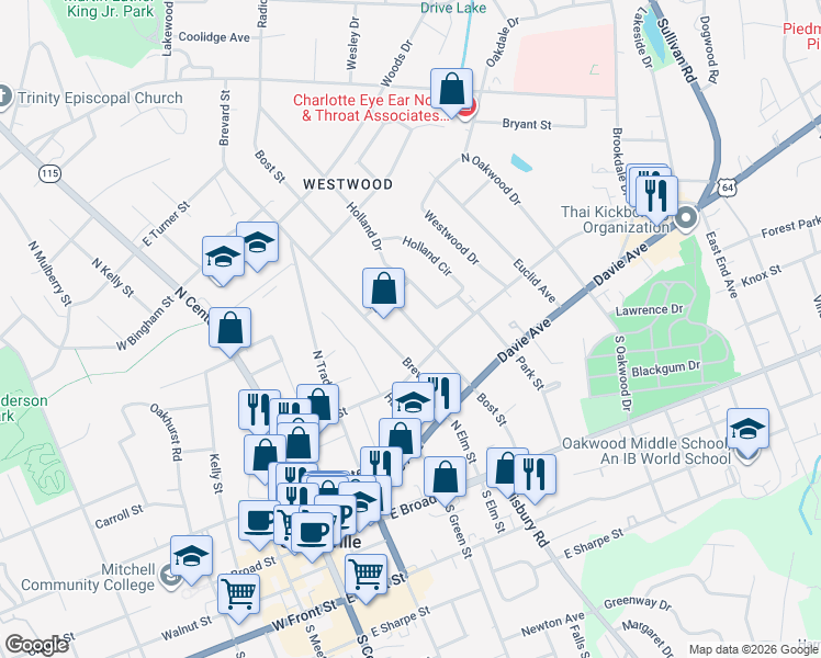 map of restaurants, bars, coffee shops, grocery stores, and more near 320 Bost Street in Statesville