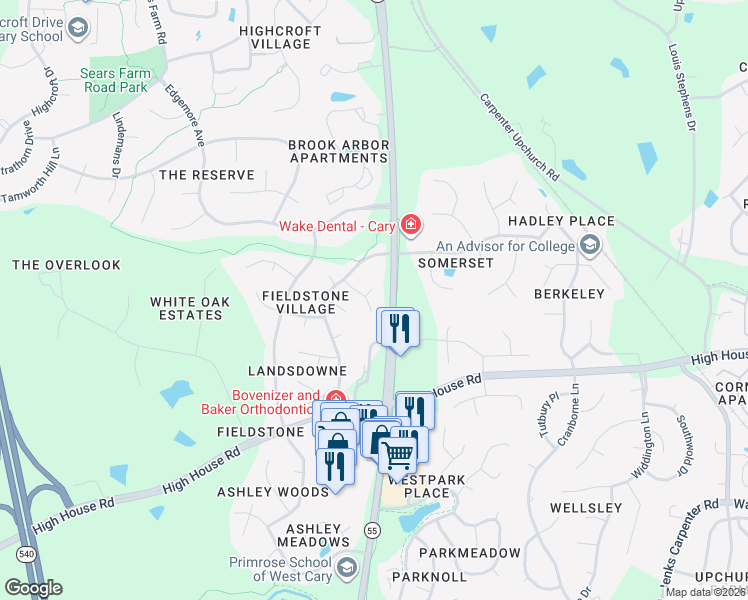 map of restaurants, bars, coffee shops, grocery stores, and more near 107 West Acres Crescent in Cary