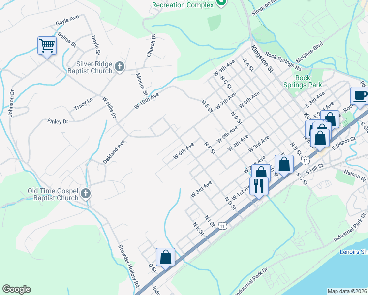 map of restaurants, bars, coffee shops, grocery stores, and more near 701 North G Street in Lenoir City