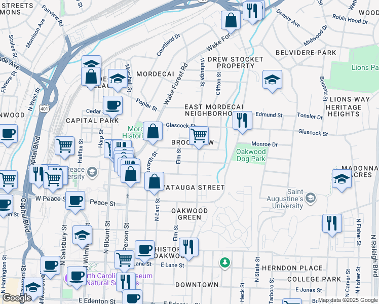 map of restaurants, bars, coffee shops, grocery stores, and more near 610 Sasser Street in Raleigh