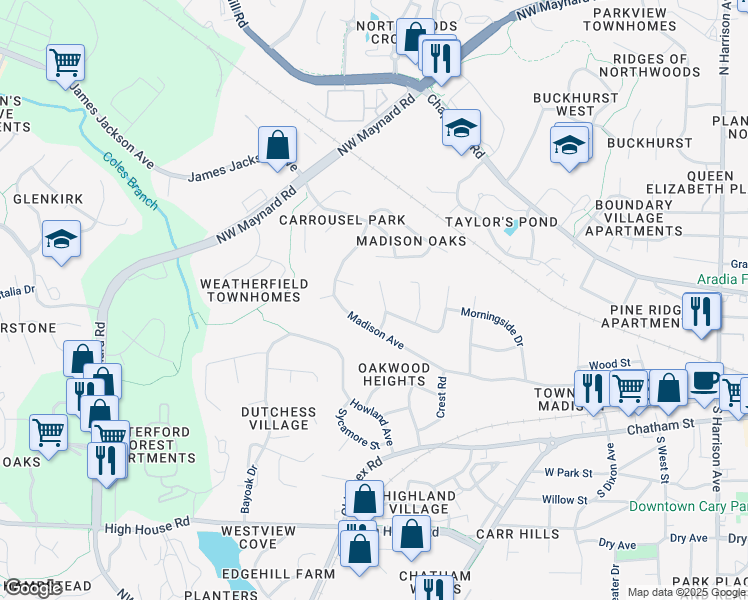 map of restaurants, bars, coffee shops, grocery stores, and more near 307 Beech Street in Cary