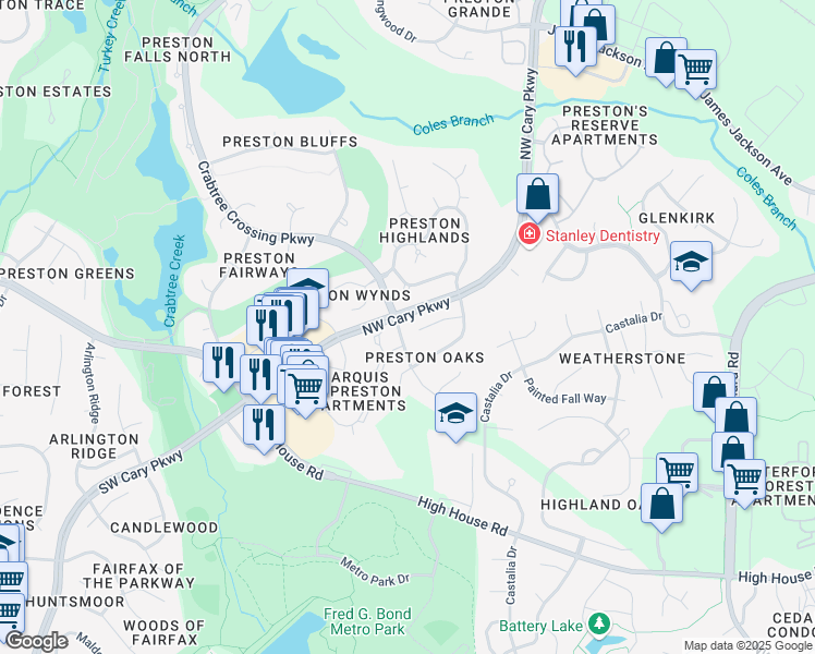map of restaurants, bars, coffee shops, grocery stores, and more near 114 Leblanc Court in Cary