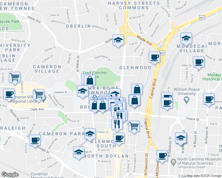 map of restaurants, bars, coffee shops, grocery stores, and more near 622 Wills Forest Street in Raleigh
