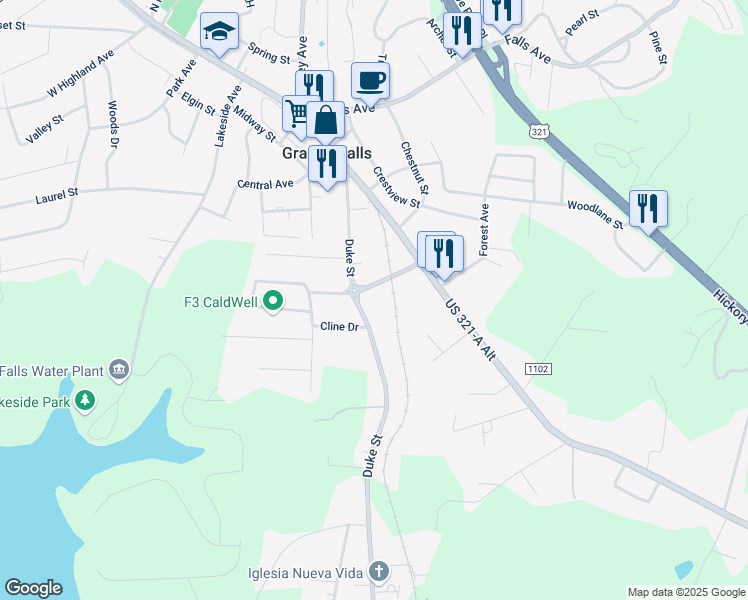 map of restaurants, bars, coffee shops, grocery stores, and more near 72 Duke Street in Granite Falls