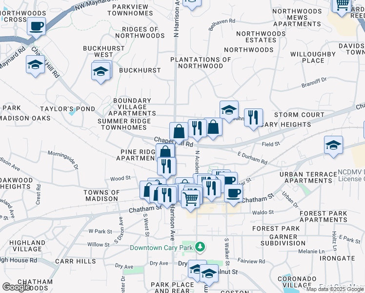 map of restaurants, bars, coffee shops, grocery stores, and more near in Cary