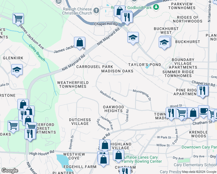 map of restaurants, bars, coffee shops, grocery stores, and more near 307 Beech Street in Cary
