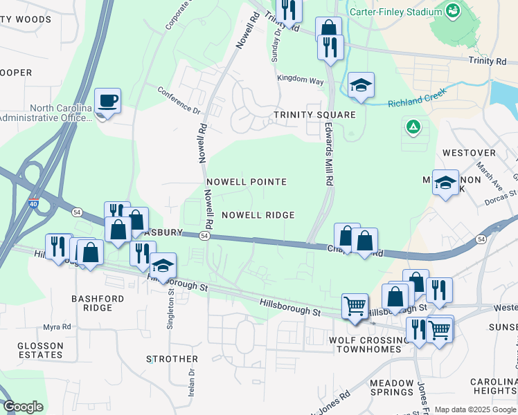 map of restaurants, bars, coffee shops, grocery stores, and more near 6332 Cedar Waters Drive in Raleigh
