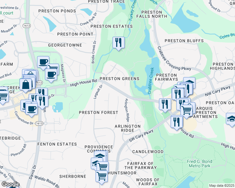 map of restaurants, bars, coffee shops, grocery stores, and more near 204 Benedetti Court in Cary