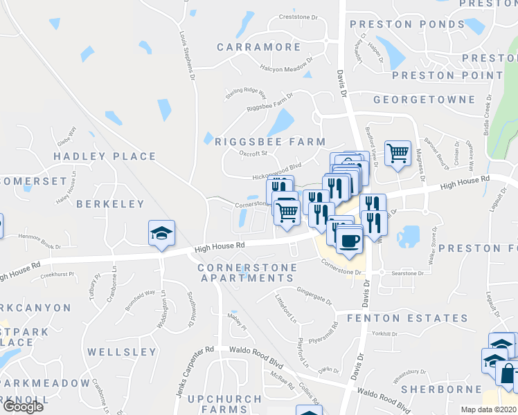 map of restaurants, bars, coffee shops, grocery stores, and more near 509 Santorini Drive in Cary