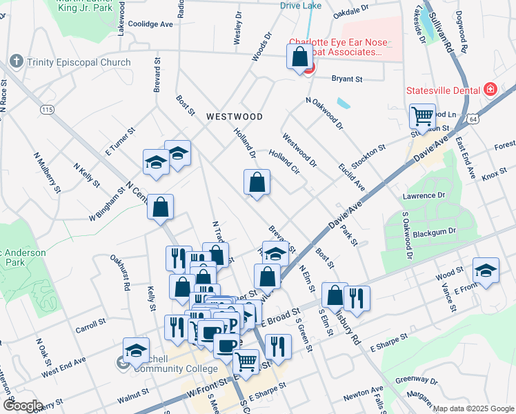 map of restaurants, bars, coffee shops, grocery stores, and more near 350 Brevard Street in Statesville