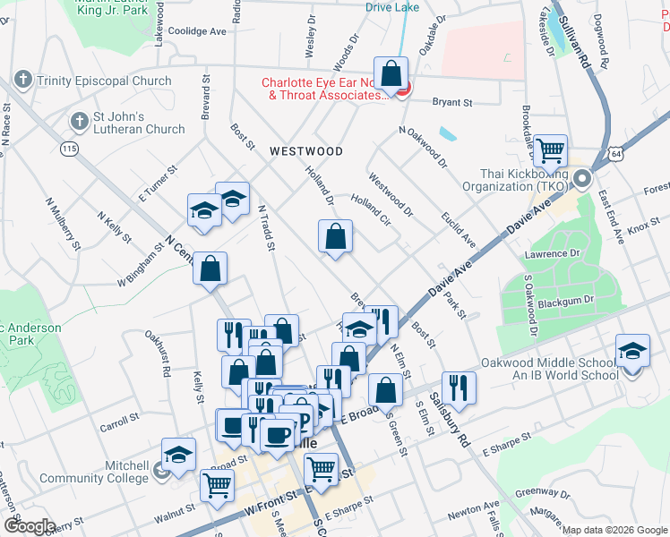 map of restaurants, bars, coffee shops, grocery stores, and more near 350 Brevard Street in Statesville