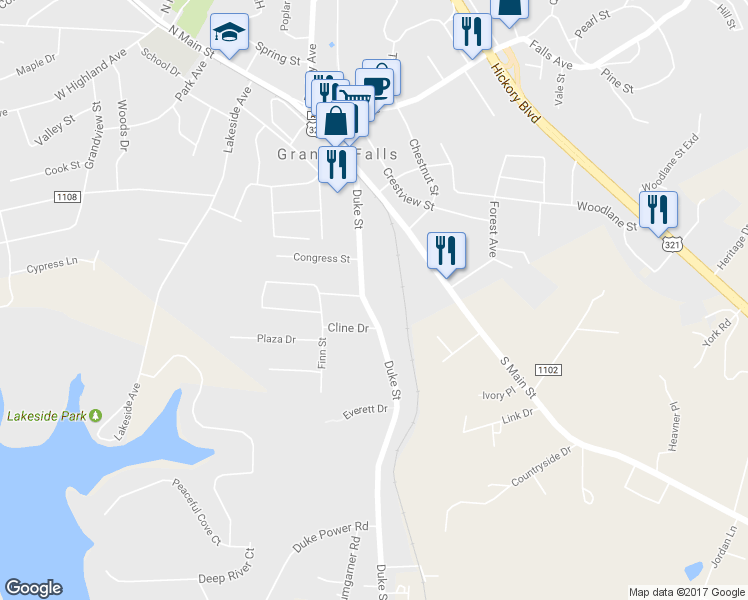 map of restaurants, bars, coffee shops, grocery stores, and more near 72 Duke Street in Granite Falls
