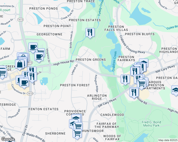 map of restaurants, bars, coffee shops, grocery stores, and more near 204 Benedetti Court in Cary