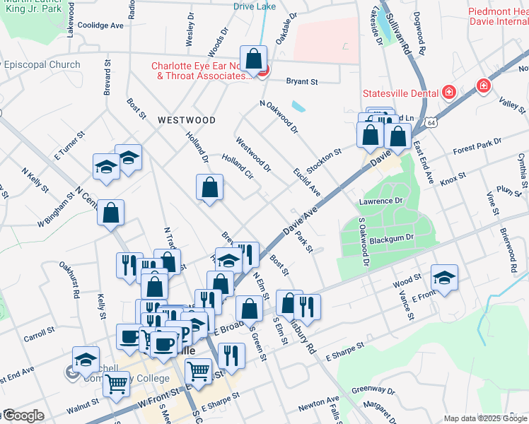 map of restaurants, bars, coffee shops, grocery stores, and more near 532 Stockton Street in Statesville