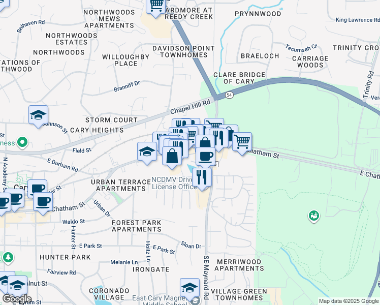 map of restaurants, bars, coffee shops, grocery stores, and more near 104 North Lake Street in Cary