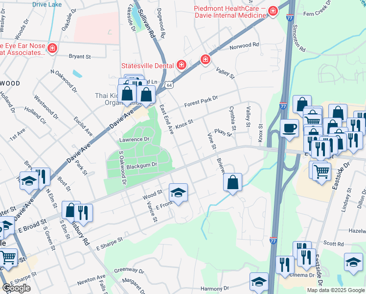 map of restaurants, bars, coffee shops, grocery stores, and more near 110 East End Ave in Statesville
