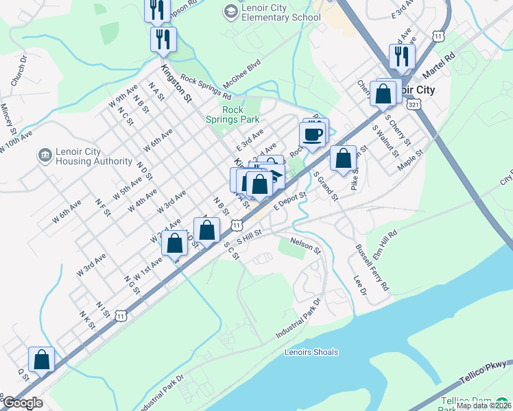 map of restaurants, bars, coffee shops, grocery stores, and more near 109 Lee Highway in Lenoir City