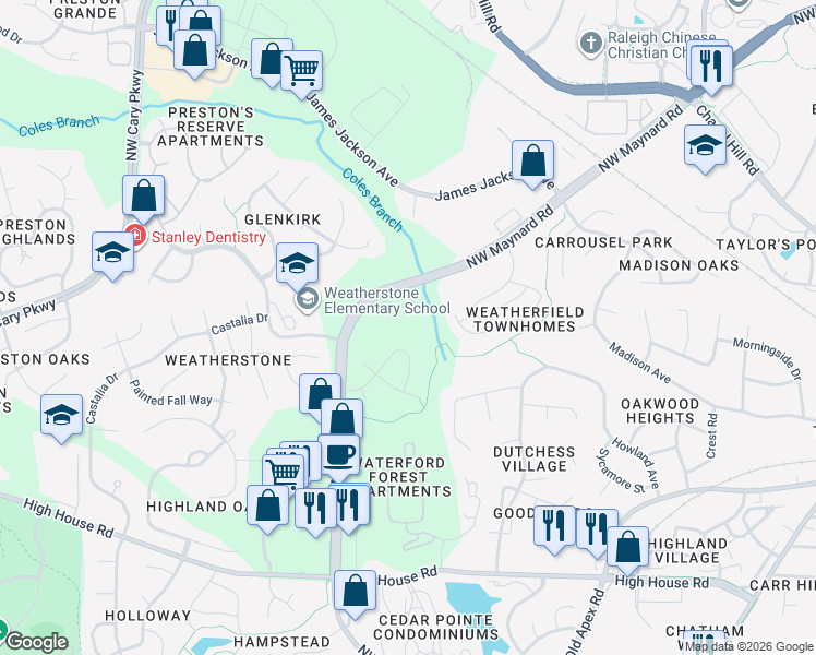 map of restaurants, bars, coffee shops, grocery stores, and more near 522 Weather Ridge Lane in Cary