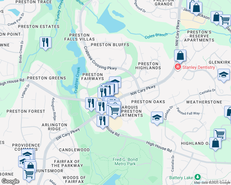 map of restaurants, bars, coffee shops, grocery stores, and more near 101 Preston Executive Drive in Cary