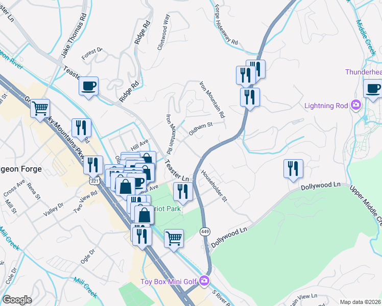 map of restaurants, bars, coffee shops, grocery stores, and more near 3062 Veterans Boulevard in Pigeon Forge