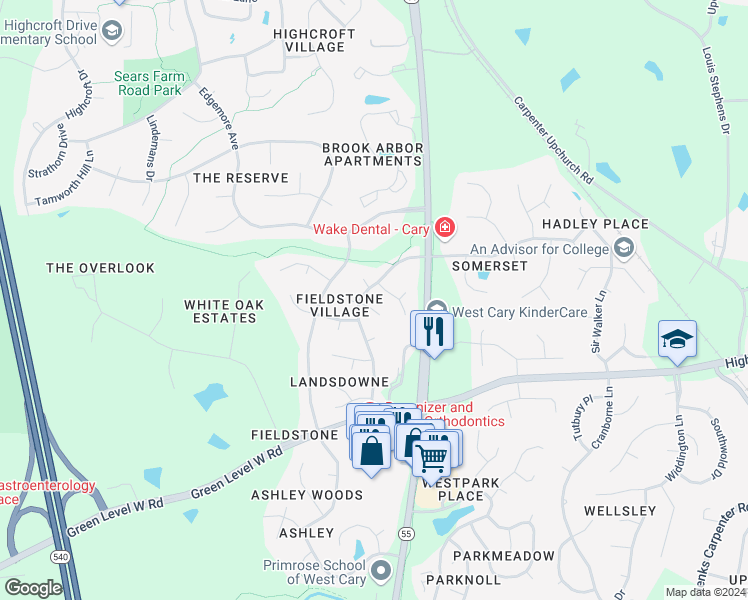 map of restaurants, bars, coffee shops, grocery stores, and more near 103 Elmview Drive in Cary