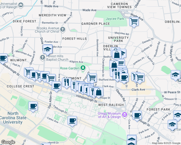 map of restaurants, bars, coffee shops, grocery stores, and more near 310 Pogue Street in Raleigh