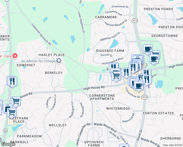map of restaurants, bars, coffee shops, grocery stores, and more near 604 Marble House Court in Cary
