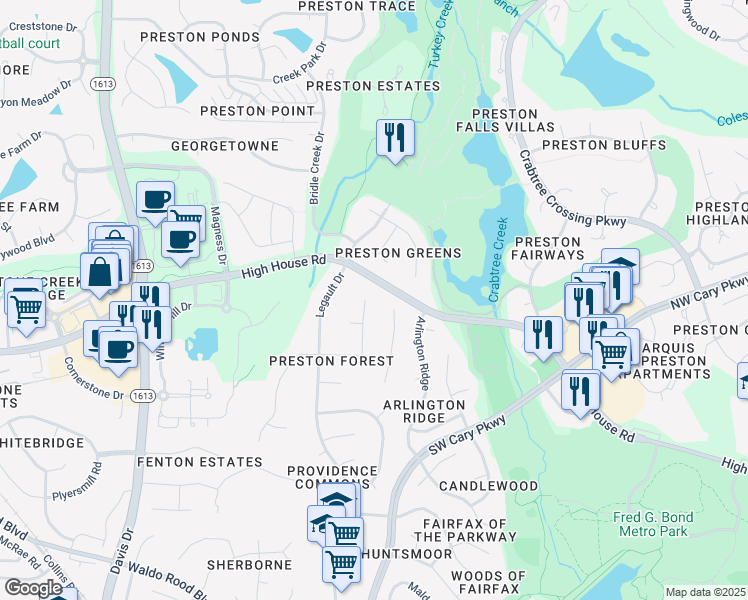 map of restaurants, bars, coffee shops, grocery stores, and more near 204 Benedetti Court in Cary