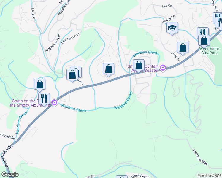 map of restaurants, bars, coffee shops, grocery stores, and more near 1155 Wears Valley Road in Sevierville