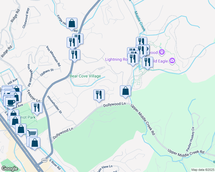 map of restaurants, bars, coffee shops, grocery stores, and more near 1128 Cove Falls Way in Pigeon Forge