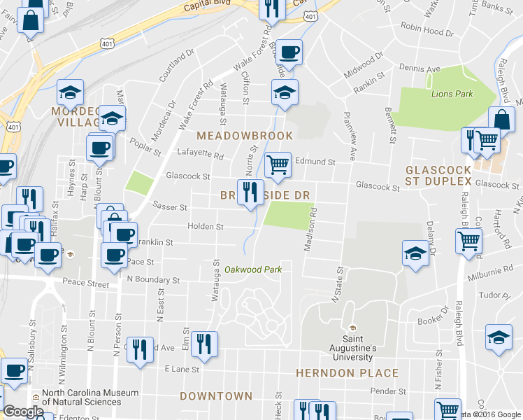 map of restaurants, bars, coffee shops, grocery stores, and more near 925 Brookside Drive in Raleigh
