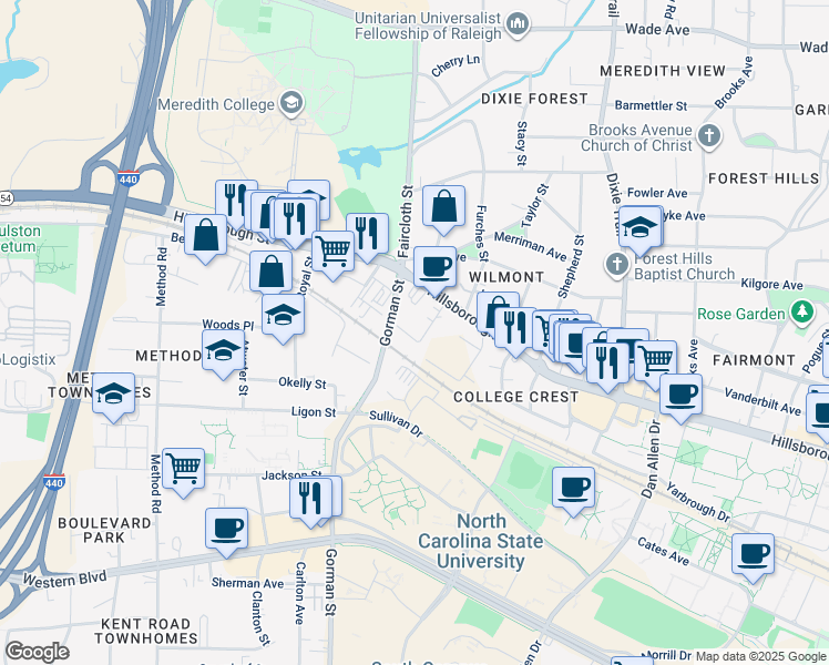 map of restaurants, bars, coffee shops, grocery stores, and more near 104 Turner Street in Raleigh