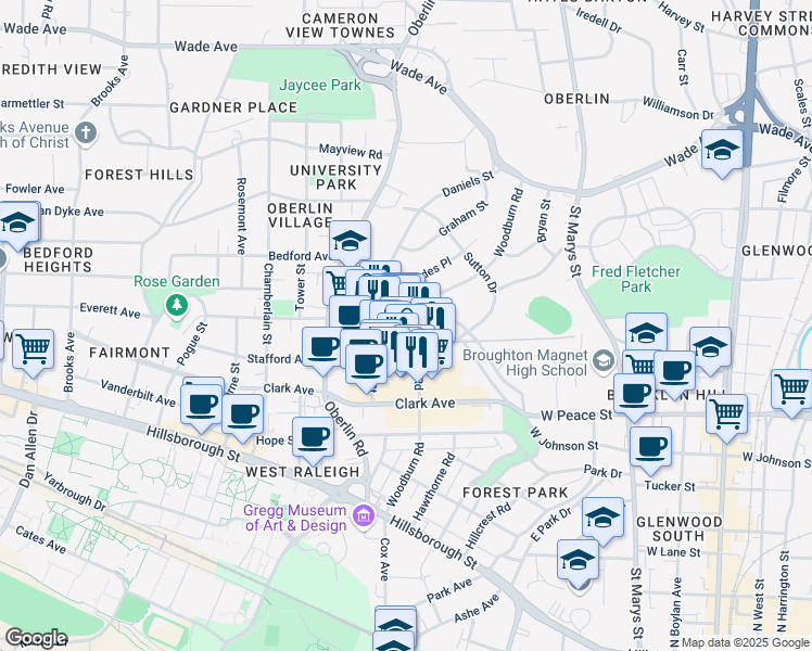 map of restaurants, bars, coffee shops, grocery stores, and more near 2014 Cameron Street in Raleigh