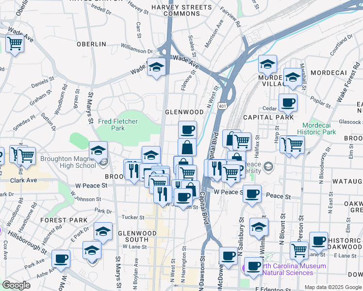 map of restaurants, bars, coffee shops, grocery stores, and more near 501 Cleveland Street in Raleigh