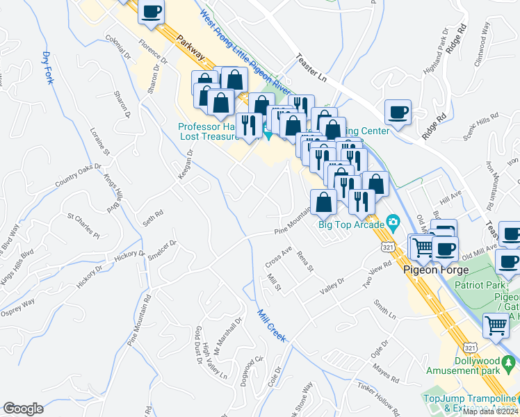 map of restaurants, bars, coffee shops, grocery stores, and more near 307 Bellwood Ave in Pigeon Forge