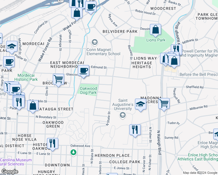 map of restaurants, bars, coffee shops, grocery stores, and more near 909 North State Street in Raleigh
