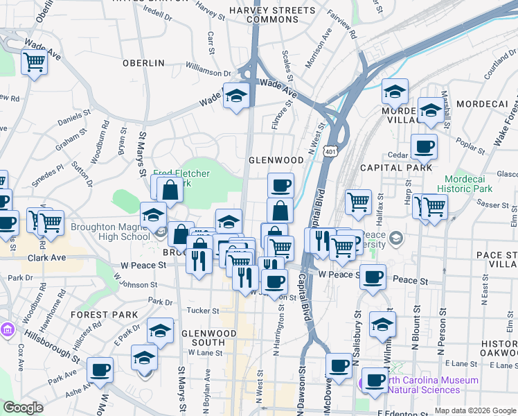 map of restaurants, bars, coffee shops, grocery stores, and more near in Raleigh