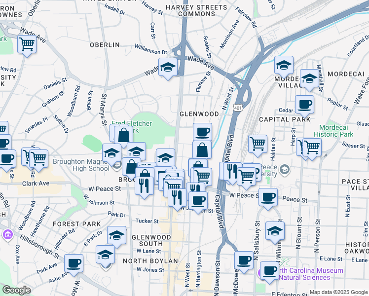 map of restaurants, bars, coffee shops, grocery stores, and more near in Raleigh