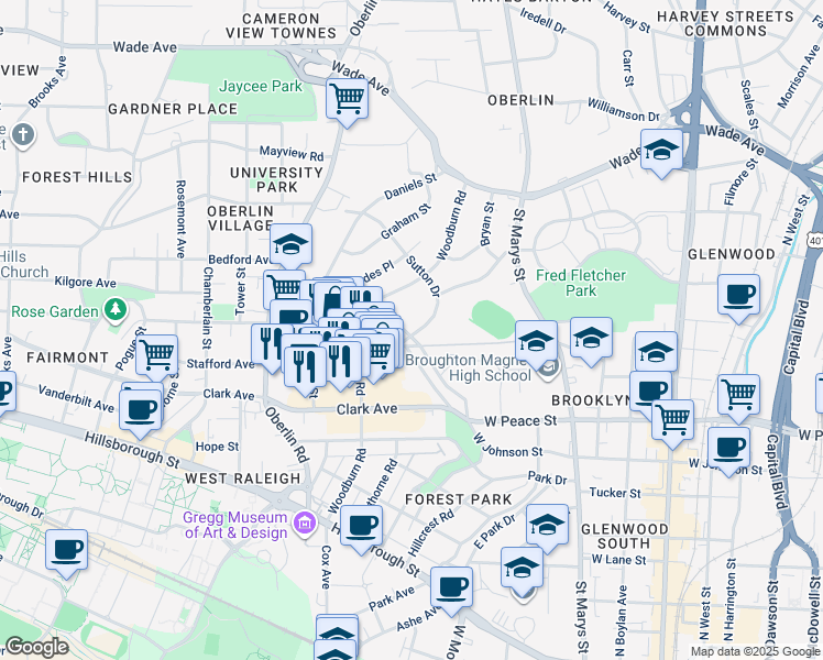 map of restaurants, bars, coffee shops, grocery stores, and more near in Raleigh