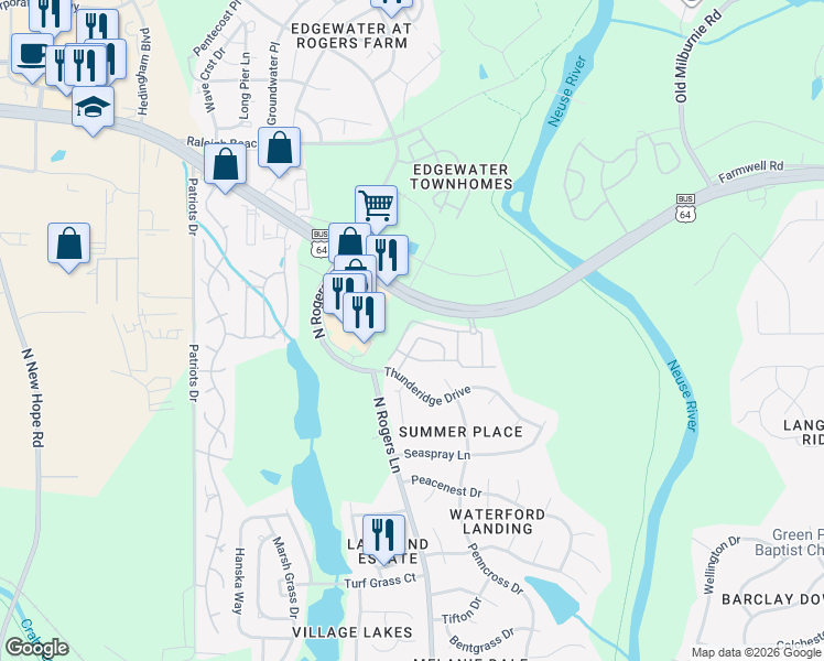 map of restaurants, bars, coffee shops, grocery stores, and more near 1024 Auston Grove Drive in Raleigh